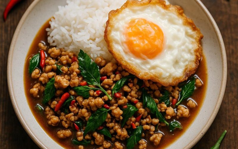 Pad Kra Pao Rezept: Thai‑Basilikum‑Huhn mit Jasminreis und knusprigem Spiegelei (Khai Dao), authentisch und schnell