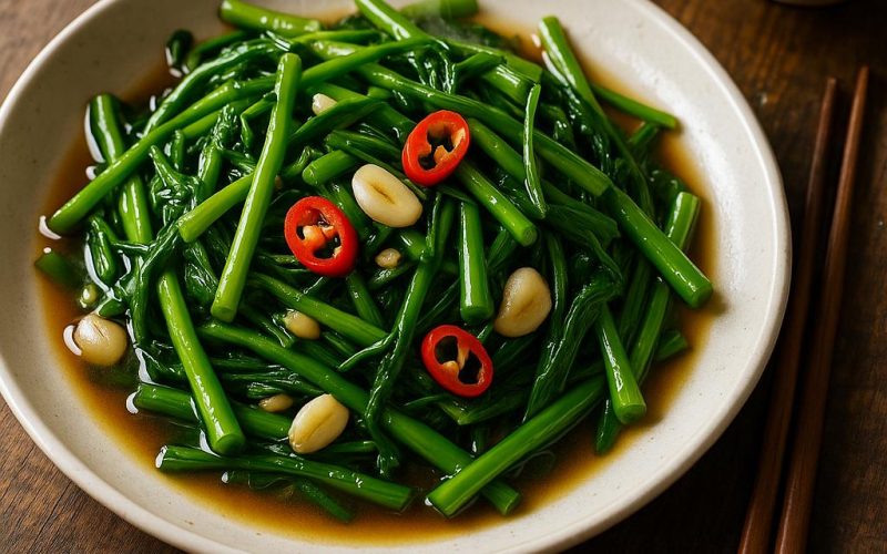 Pad Pak Boong Fai Daeng auf Teller – gebratener Wasserspinat mit Knoblauch, Chili und glänzender Wok-Sauce, serviert mit Jasminreis