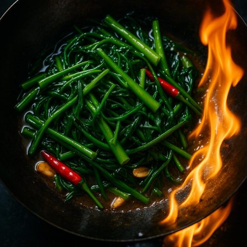 Pad Pak Boong Fai Daeng: gebratener Wasserspinat mit Knoblauch und Chili im Wok – authentisches Thai‑Rezept, schnell und aromatisch