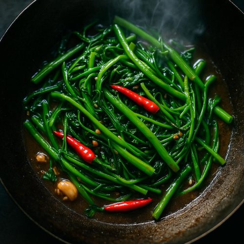 Pad Pak Boong Fai Daeng: Thai Wasserspinat (Morning Glory) aus dem Wok mit Knoblauch und Chili – schnelles, authentisches Rezept