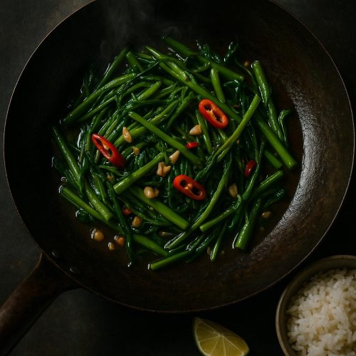 Pad Pak Boong: thailändischer Wasserspinat im Wok mit Knoblauch und Chili, glänzend grün – schnelles, authentisches Wok-Rezept in 10 Minuten