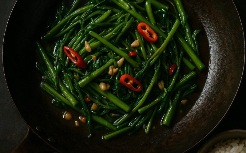 Pad Pak Boong: thailändischer Wasserspinat im Wok mit Knoblauch und Chili, glänzend grün – schnelles, authentisches Wok-Rezept in 10 Minuten