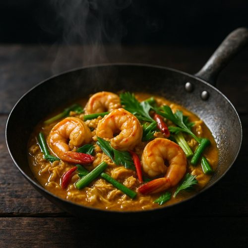 Pad Pong Karee Rezept: Garnelen in goldener Curry-Ei-Soße mit Frühlingszwiebeln und Chili, serviert mit Jasminreis – authentische Thai-Küche