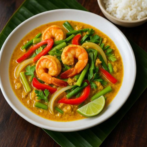 Pad Pong Karee mit Garnelen auf weißem Teller – gelbes Eier‑Curry mit Frühlingszwiebeln, Paprika und Thai‑Sellerie, serviert mit Jasminreis