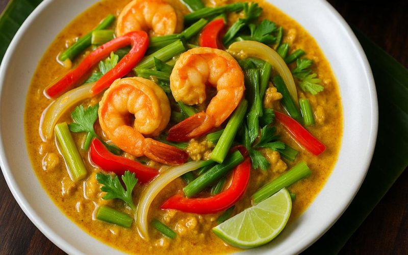 Pad Pong Karee mit Garnelen auf weißem Teller – gelbes Eier‑Curry mit Frühlingszwiebeln, Paprika und Thai‑Sellerie, serviert mit Jasminreis