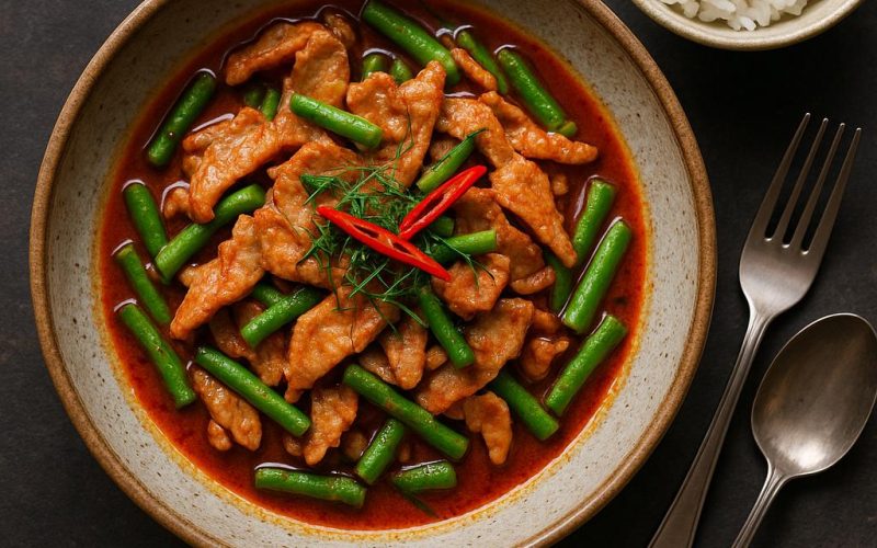 Pad Prik Khing – trockenes Thai Curry mit grünen Bohnen und Schweinefleisch, serviert mit Jasminreis, aromatisch und würzig
