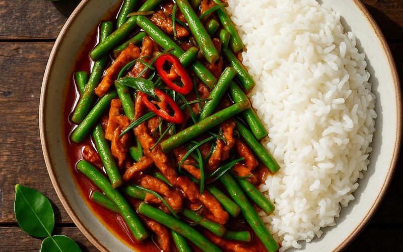 Pad Prik Khing Rezept: Thai Dry Curry mit grünen Bohnen, roter Currypaste und Kaffir‑Limettenblättern auf Jasminreis