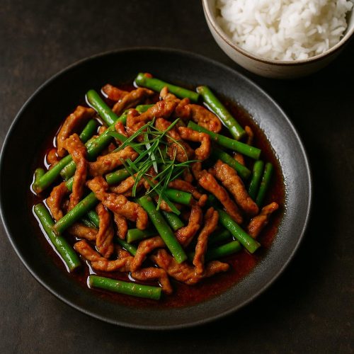 Pad Prik Khing Rezept: Thai Wokgericht mit Schweinefleisch, grünen Bohnen und Kaffir‑Limettenblättern, glänzend glasiert und serviert mit Jasminreis