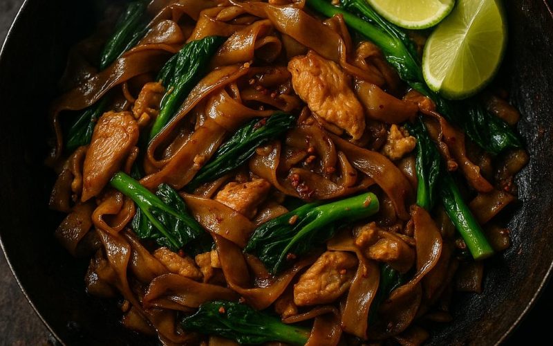 Pad See Ew Rezept – breite Reisnudeln mit Huhn, Brokkoli und Ei im Wok, rauchig und authentisch thailändisch