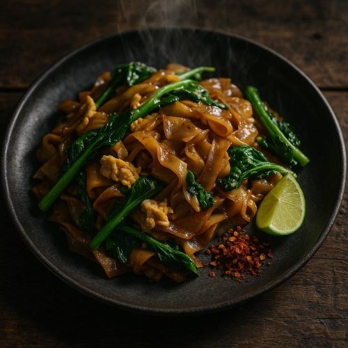 Pad See Ew auf dunklem Teller – breite Reisbandnudeln mit dunkler Sojasoße, Gai Lan und Ei, thailändisches Streetfood-Rezept