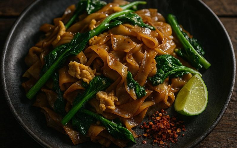 Pad See Ew auf dunklem Teller – breite Reisbandnudeln mit dunkler Sojasoße, Gai Lan und Ei, thailändisches Streetfood-Rezept