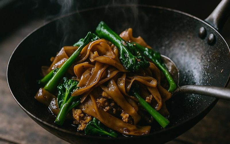 Pad See Ew Rezept: gebratene breite Reisnudeln mit dunkler Sojasauce, Gai Lan und Ei im Wok – authentisch wie in Bangkok