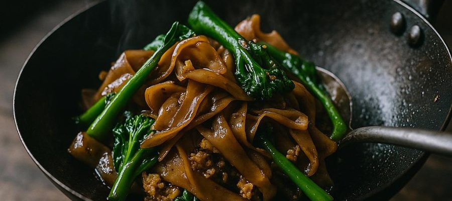 Pad See Ew Rezept: gebratene breite Reisnudeln mit dunkler Sojasauce, Gai Lan und Ei im Wok – authentisch wie in Bangkok