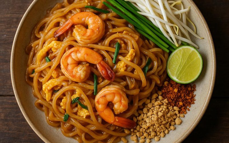 Pad Thai mit Garnelen, Tamarindensauce, Erdnüssen und Limette – authentisches thailändisches Nudelgericht