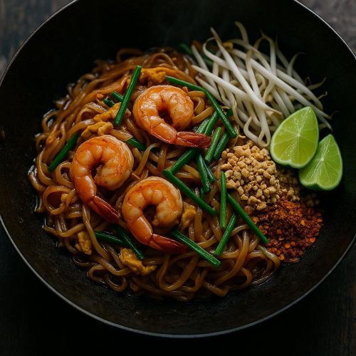 Pad Thai in einem Wok mit Garnelen, Reisnudeln, Erdnüssen, Sojasprossen und Limetten – authentisches thailändisches Rezept