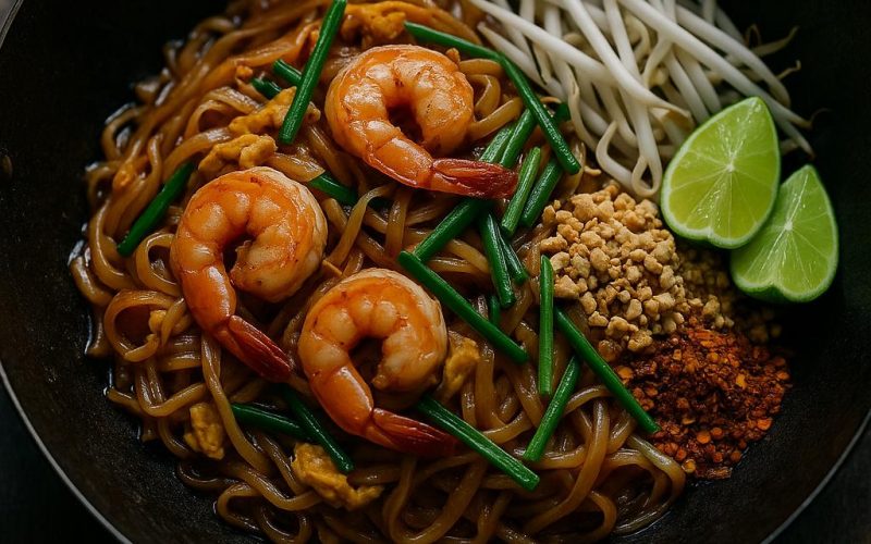 Pad Thai in einem Wok mit Garnelen, Reisnudeln, Erdnüssen, Sojasprossen und Limetten – authentisches thailändisches Rezept
