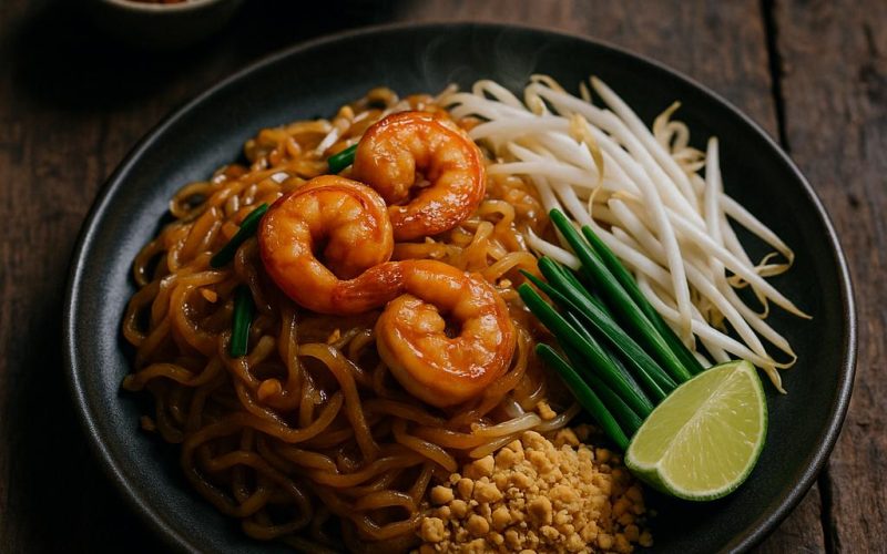 Pad Thai mit Garnelen auf Teller, garniert mit Erdnüssen, Sprossen, Schnittlauch und Limettenspalten – authentisches Pad-Thai-Rezept