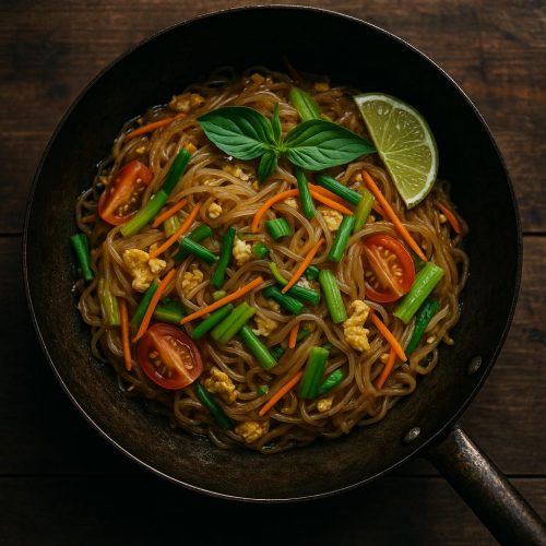 Pad Woon Sen – authentische thailändische Glasnudeln mit Gemüse, Ei und Hähnchen im Wok