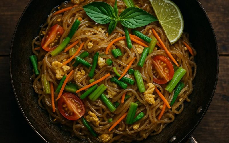 Pad Woon Sen – authentische thailändische Glasnudeln mit Gemüse, Ei und Hähnchen im Wok