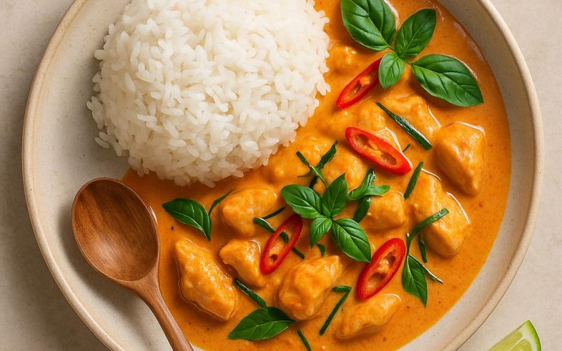 Panang Curry in Schale mit cremiger Kokossauce, Kaffir-Limettenblättern, Thai-Basilikum und Jasminreis – authentisches Thai-Rezept