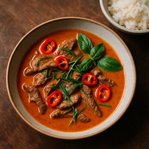 Schüssel mit cremigem Panang Curry mit Rind, Kaffir-Limettenblättern und Thai-Basilikum neben Jasminreis – thailändisches Rezept
