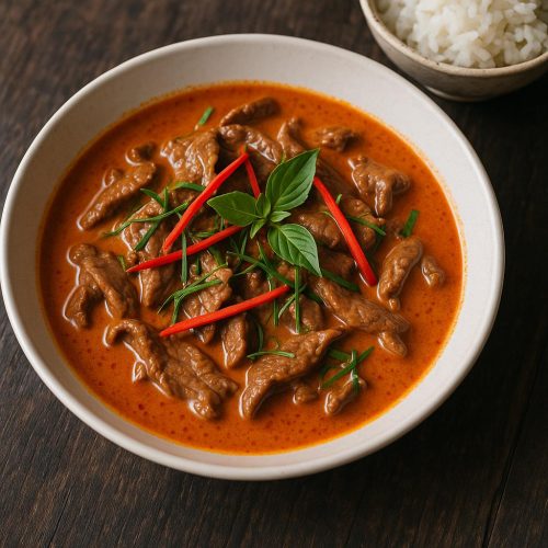 Schüssel mit Panang Curry mit Rind in cremiger Kokossoße, garniert mit Kaffir-Limettenblättern, Thai-Basilikum und roten Chilistreifen – authentisches Thai-Curry Rezept