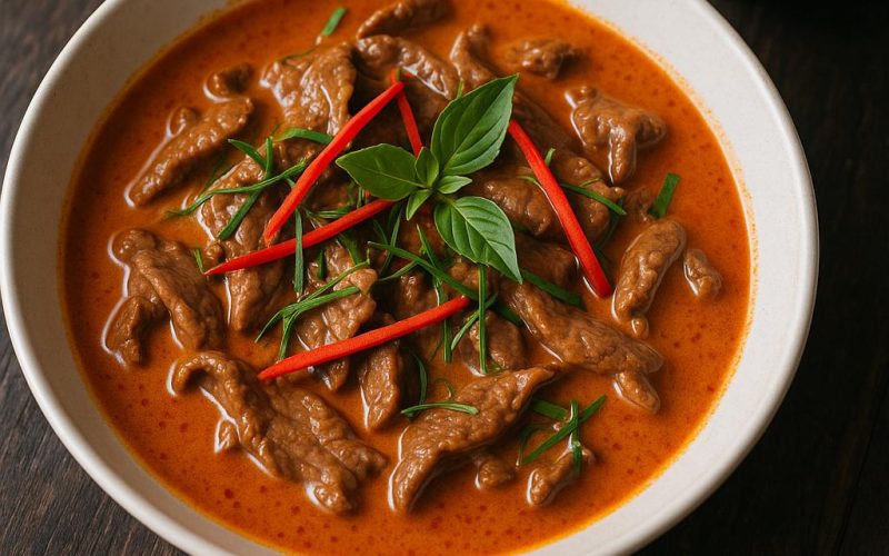 Schüssel mit Panang Curry mit Rind in cremiger Kokossoße, garniert mit Kaffir-Limettenblättern, Thai-Basilikum und roten Chilistreifen – authentisches Thai-Curry Rezept