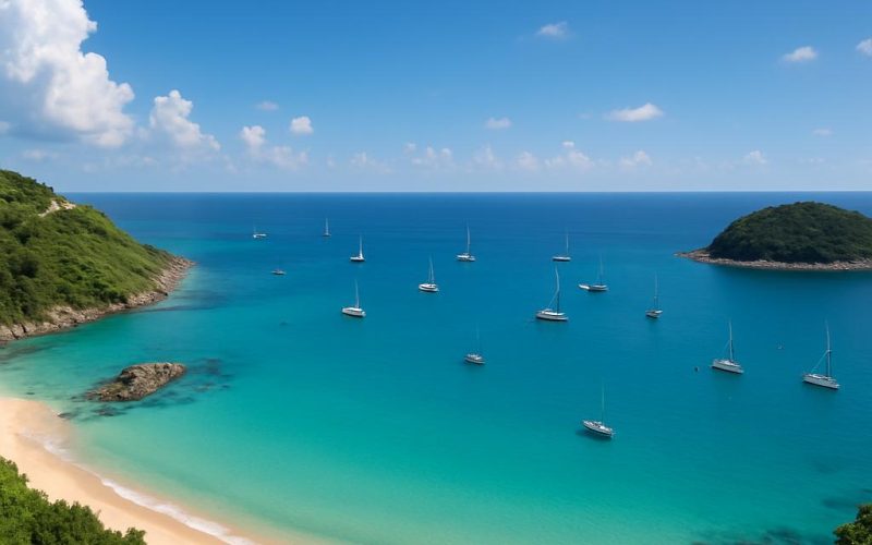 Nai Harn Beach auf Phuket aus der Vogelperspektive: kristallklares, türkisblaues Wasser, blauer Himmel, grüne Hügel und die vorgelagerte Insel Koh Man