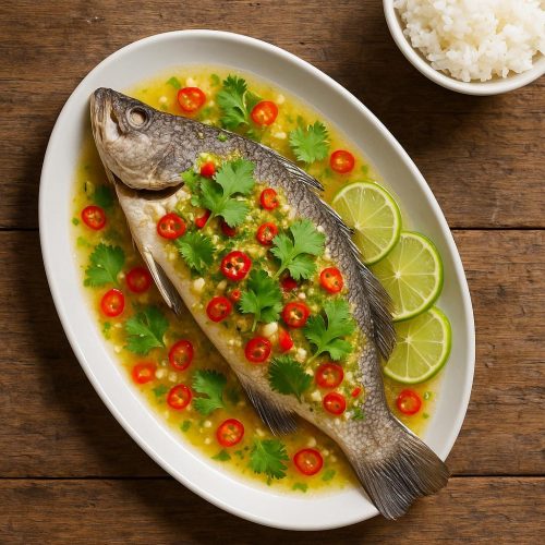 Gedämpfter Thai-Fisch Pla Neung Manao auf ovalem Teller mit Limetten‑Knoblauch‑Chili‑Soße, Koriander und Jasminreis