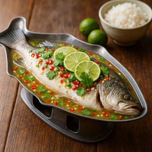 Gedämpfter Seebarsch in Limetten‑Knoblauch‑Chili‑Soße (Pla Neung Manao) auf einer fischförmigen Metallplatte, garniert mit Koriander und Limettenscheiben, serviert mit Jasminreis