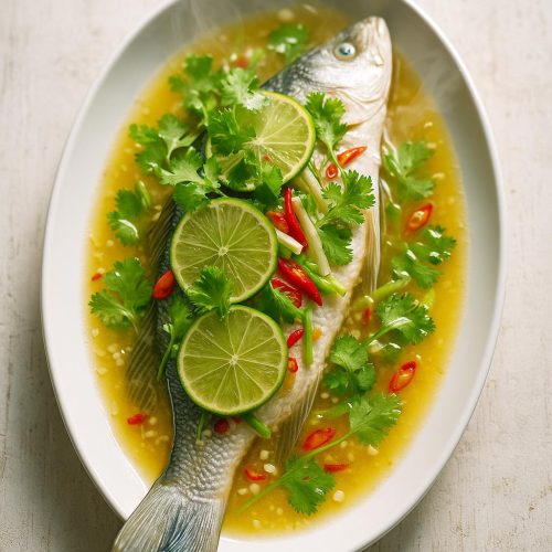 Pla Neung Manao: gedämpfter Wolfsbarsch auf ovaler Platte in Limetten-Knoblauch-Chili-Soße, garniert mit Koriander und Limettenscheiben – authentisches Thai-Rezept