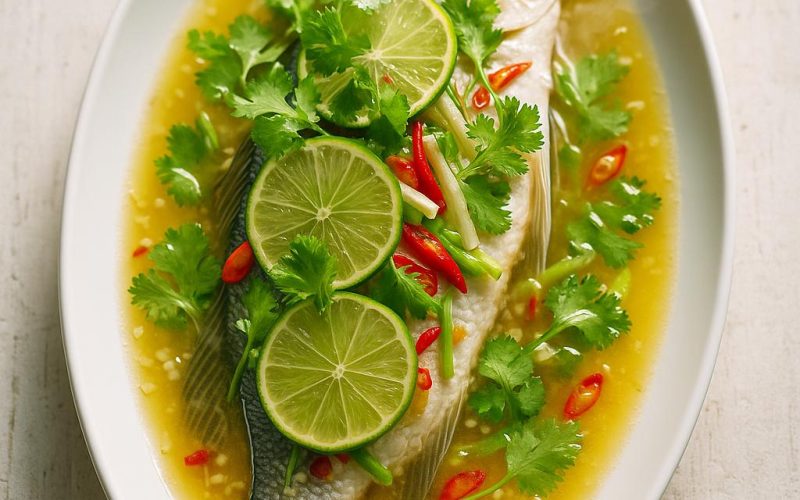 Pla Neung Manao: gedämpfter Wolfsbarsch auf ovaler Platte in Limetten-Knoblauch-Chili-Soße, garniert mit Koriander und Limettenscheiben – authentisches Thai-Rezept