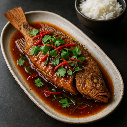 Knuspriger thailändischer Fisch Pla Rad Prik mit glänzender Chili‑Tamarinden‑Soße, Chili‑ und Kaffir‑Limetten‑Garnitur auf Keramikteller, daneben Jasminreis