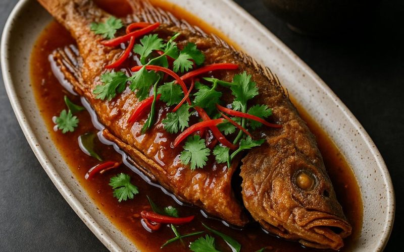 Knuspriger thailändischer Fisch Pla Rad Prik mit glänzender Chili‑Tamarinden‑Soße, Chili‑ und Kaffir‑Limetten‑Garnitur auf Keramikteller, daneben Jasminreis