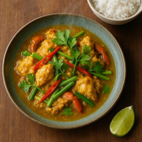 Poo Pad Pong Kari: Krabben in cremiger gelber Curry-Ei-Sauce mit Frühlingszwiebeln, serviert mit Jasminreis und Limette auf thailändischem Teller