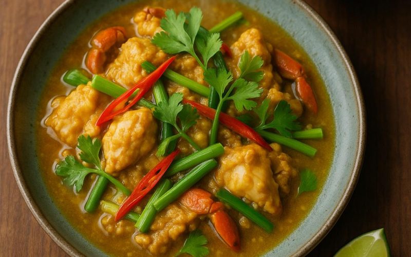 Poo Pad Pong Kari: Krabben in cremiger gelber Curry-Ei-Sauce mit Frühlingszwiebeln, serviert mit Jasminreis und Limette auf thailändischem Teller