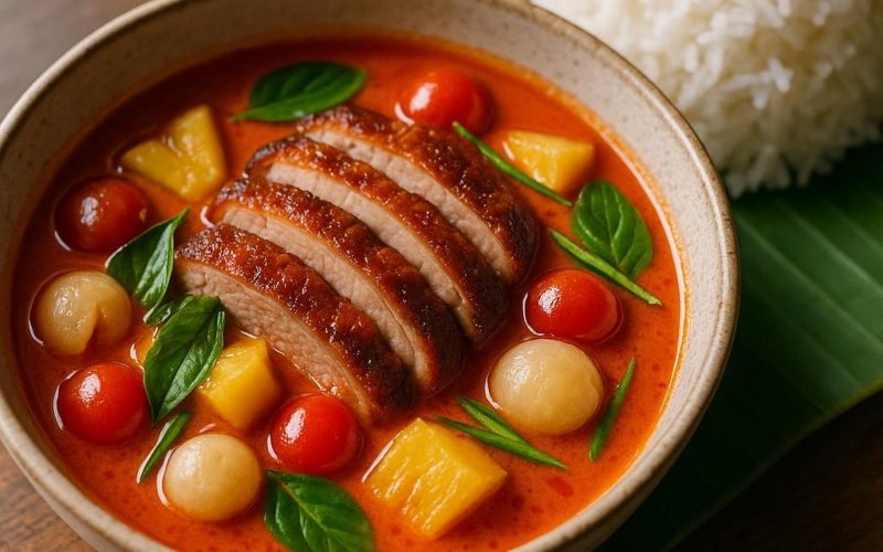 Gaeng Phed Ped Yang: Rotes Thai‑Curry mit knuspriger Ente, Lychee, Ananas und Thai‑Basilikum – authentisches Thai‑Rezept