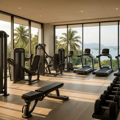 Leeres, modernes Fitnessstudio im STAY FIT Gym in Rawai, Phuket, mit Life-Fitness-Geräten und Blick auf die Chalong Bay