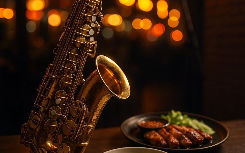 Symbolisches Nachtbild: Saxofon vor warmen Neonlichtern in Bangkok, daneben thailändische Speisen – ohne Personen, stimmig für Live‑Musik und Essen nahe Victory Monument.