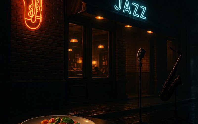 Außenansicht eines Jazzclubs in Bangkok mit neonfarbenem Saxofon‑Logo, Bühne und thailändischer Speise im Vordergrund, ohne Personen