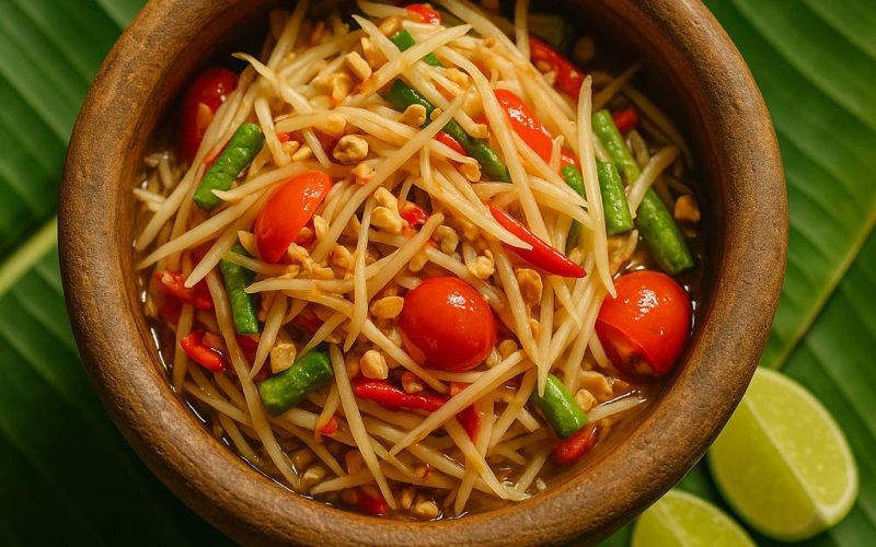 Som Tam Thai – grüner Papayasalat im Mörser mit Limette, Chili, Tomaten und Erdnüssen, authentisches Thai-Rezept