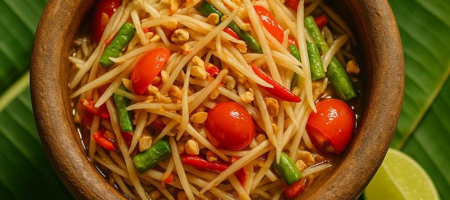 Som Tam Thai – grüner Papayasalat im Mörser mit Limette, Chili, Tomaten und Erdnüssen, authentisches Thai-Rezept