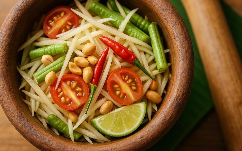 Som Tam Thai – grüner Papayasalat mit Erdnüssen, Chili und Limette, authentisches thailändisches Rezept