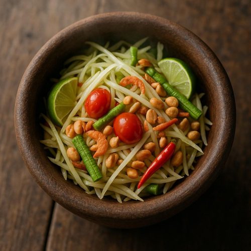 Som Tam Thai, grüner Papayasalat mit Tomaten, Bohnen, Erdnüssen und Limette im Tontopf – frisches, authentisches Thai-Rezept