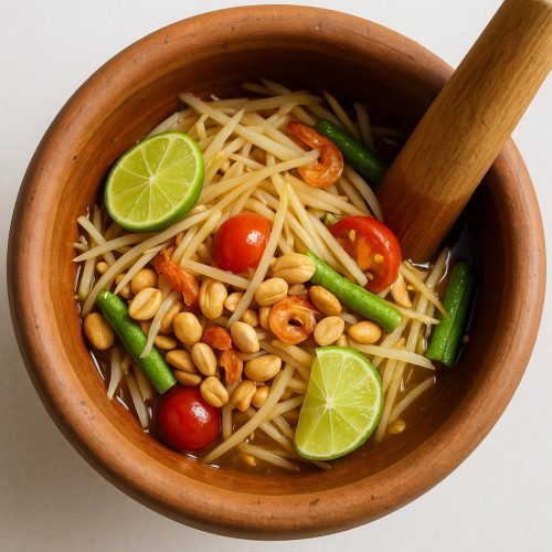 Som Tam (Thai Papaya‑Salat) im Tonmörser mit grüner Papaya, Tomaten, Bohnen und Erdnüssen – authentisches, schnelles Thai-Rezept