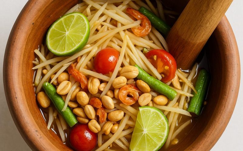 Som Tam (Thai Papaya‑Salat) im Tonmörser mit grüner Papaya, Tomaten, Bohnen und Erdnüssen – authentisches, schnelles Thai-Rezept