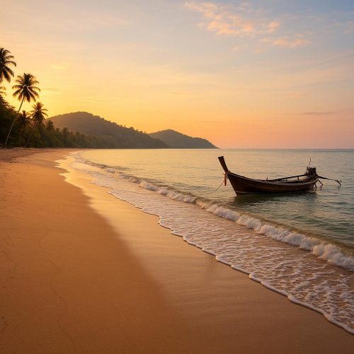 Goldener Sonnenuntergang am Klong Dao Beach auf Koh Lanta (Krabi): weiter Sandstrand, ruhige Wellen, Palmen und grüne Hügel – ohne Menschen, natürlich und entspannt
