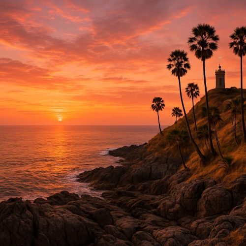 Promthep Cape (Laem Phromthep) auf Phuket bei Sonnenuntergang mit Golden-Jubilee-Leuchtturm, Palmen und Andamanensee – ikonischer Sunset-Aussichtspunkt in Thailand