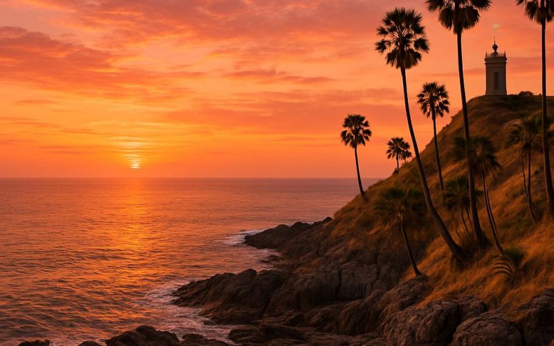Promthep Cape (Laem Phromthep) auf Phuket bei Sonnenuntergang mit Golden-Jubilee-Leuchtturm, Palmen und Andamanensee – ikonischer Sunset-Aussichtspunkt in Thailand