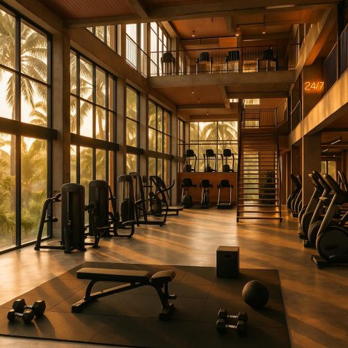 Modernes, tropisches Fitnessstudio in Rawai, Phuket – dreistöckiges StayFit Gym mit 24h-Öffnung und großzügigen Trainingsbereichen